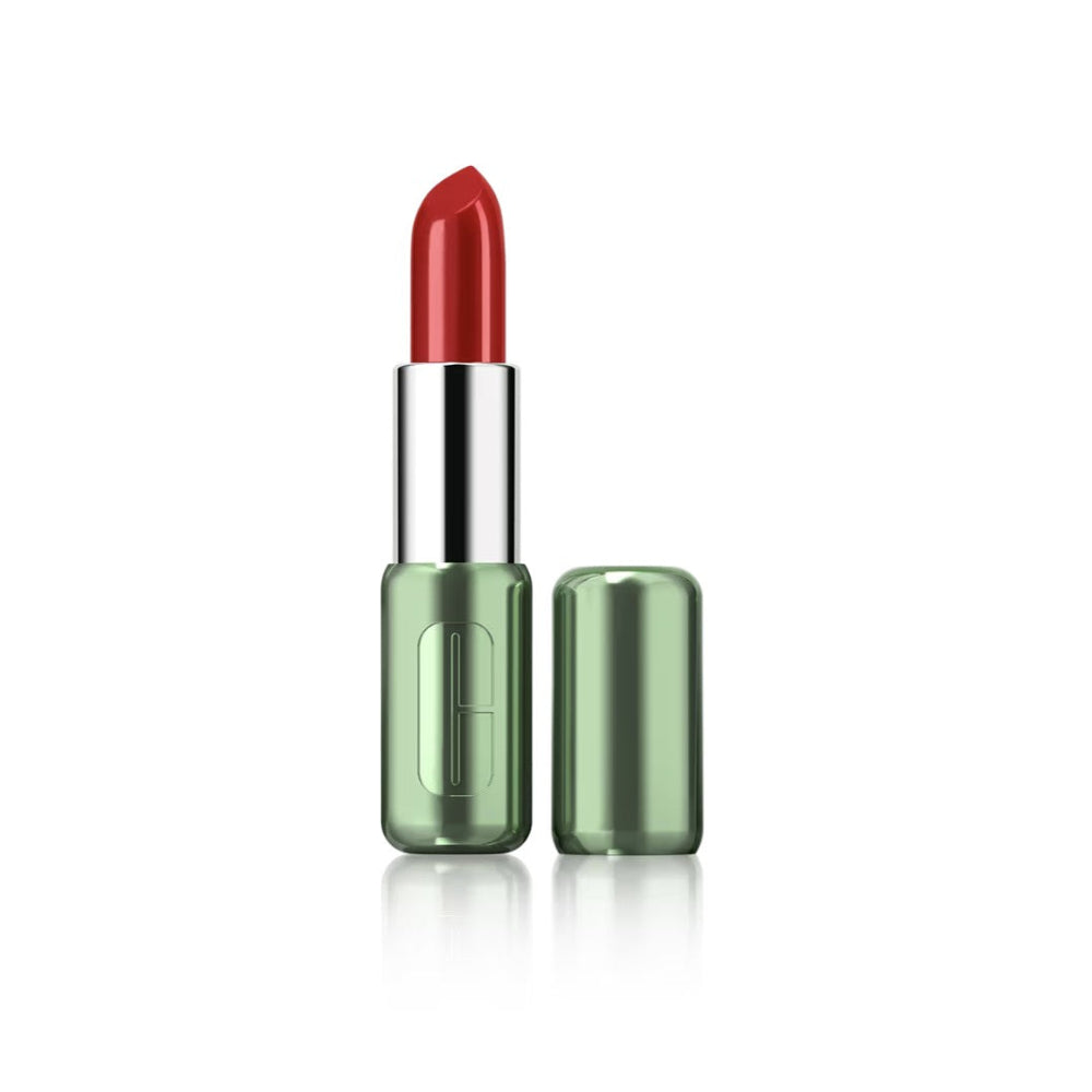 Red lipstick with green case on a white background