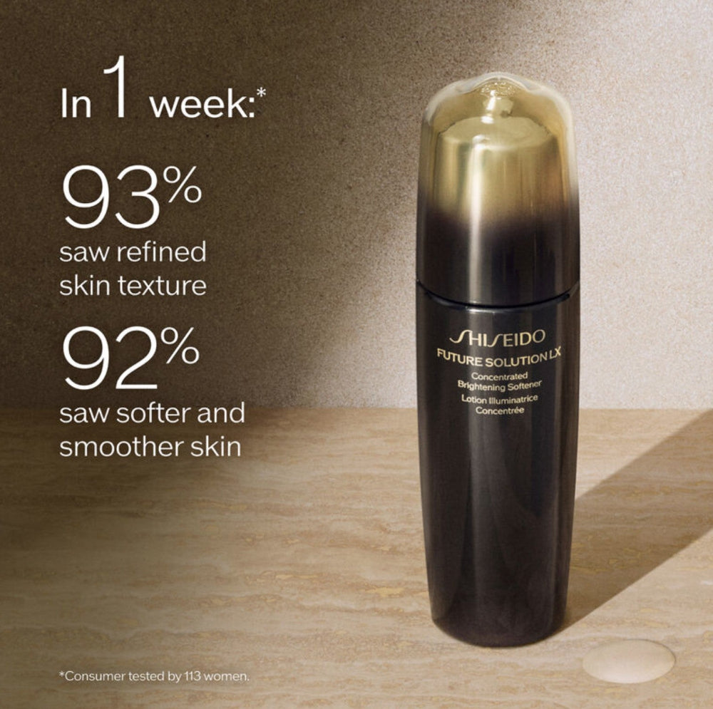 Shiseido skincare product on a wooden surface with promotional text about skin texture improvement.