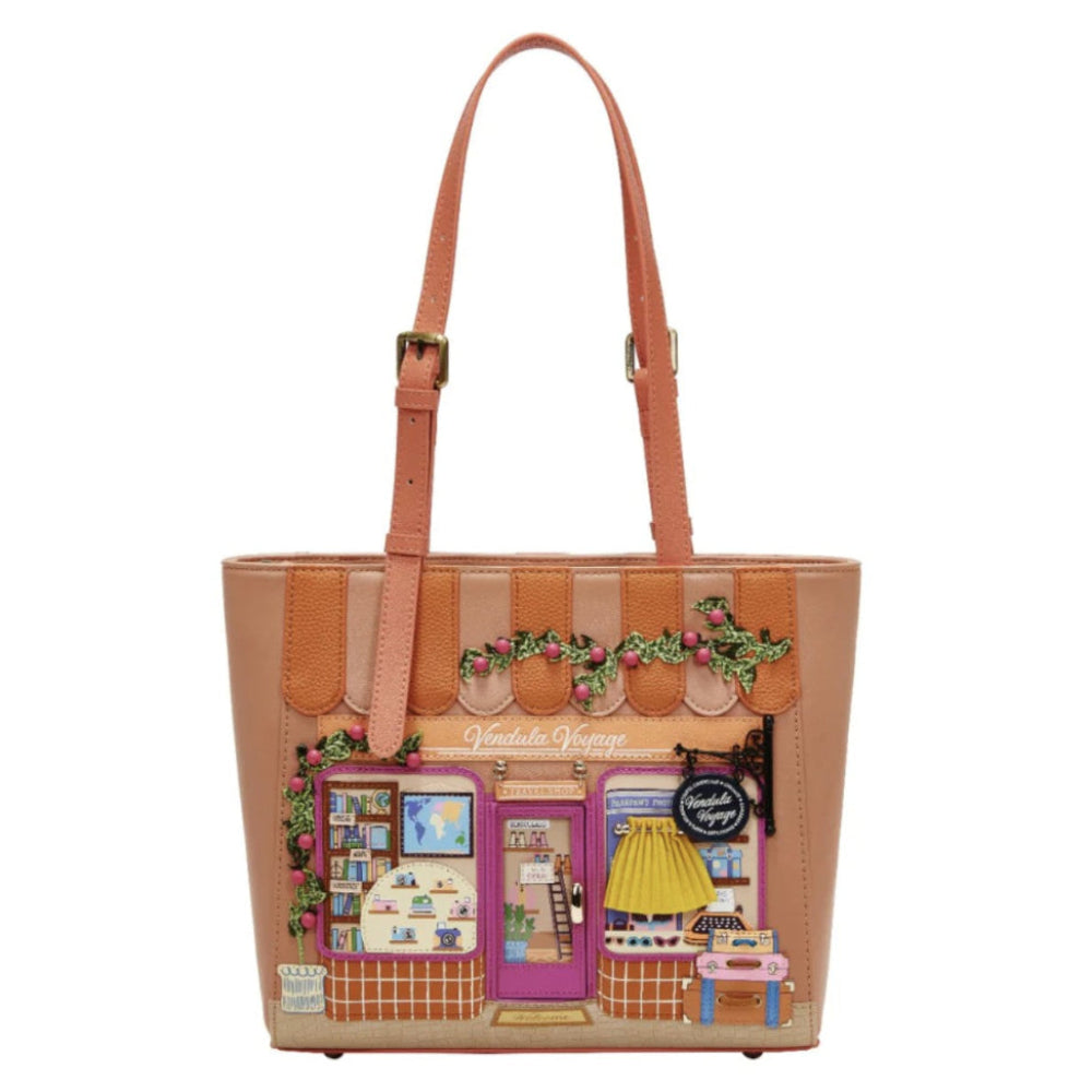 Tote bag with a detailed design of a store front on a white background