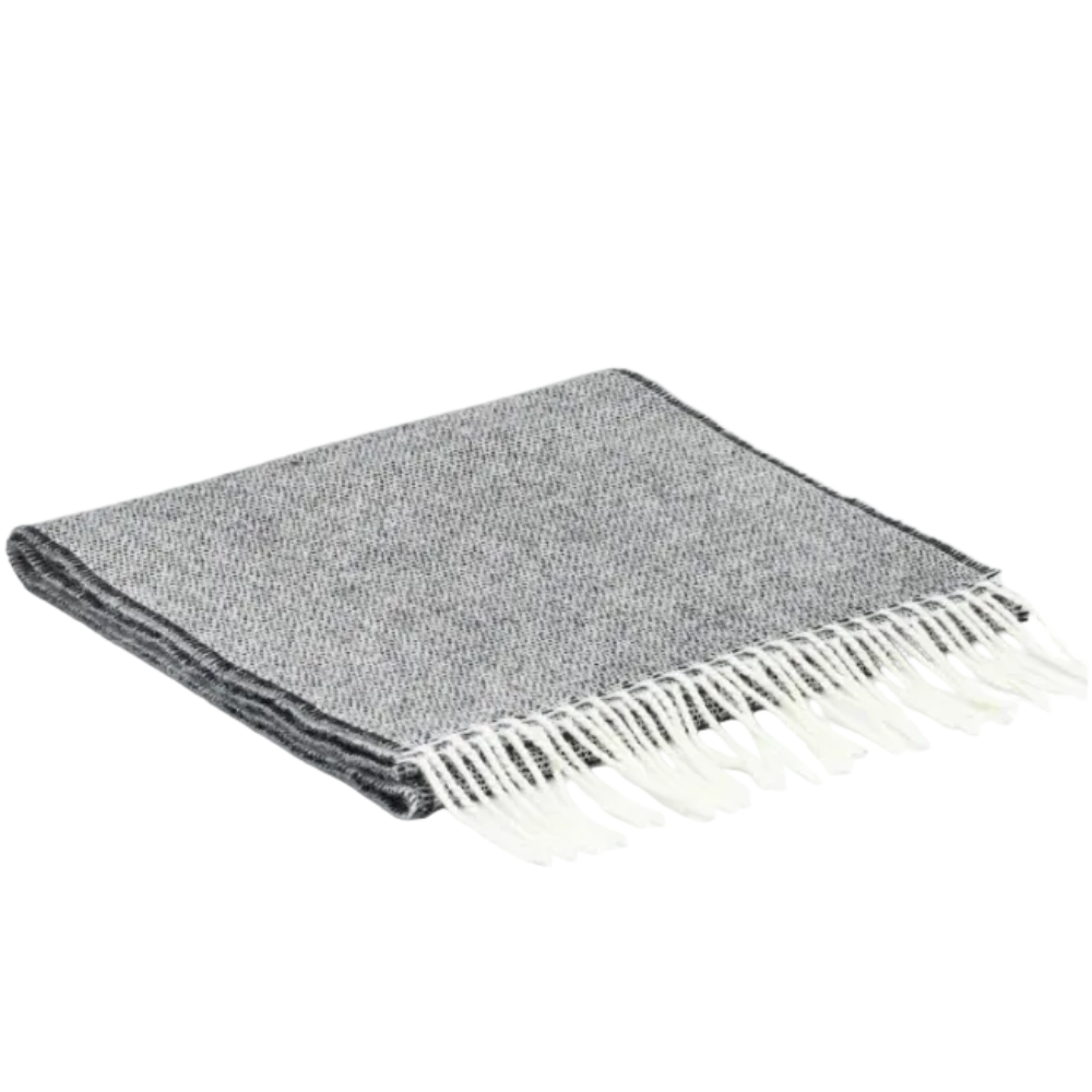 A folded gray and white woven scarf with white fringe tassels, displayed on a clean white background.