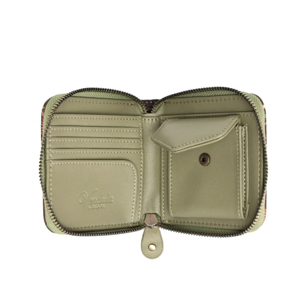 An open zip-around wallet in light olive green leather, showing interior card slots, a coin pocket, and a ziparound closure on a plain white background.