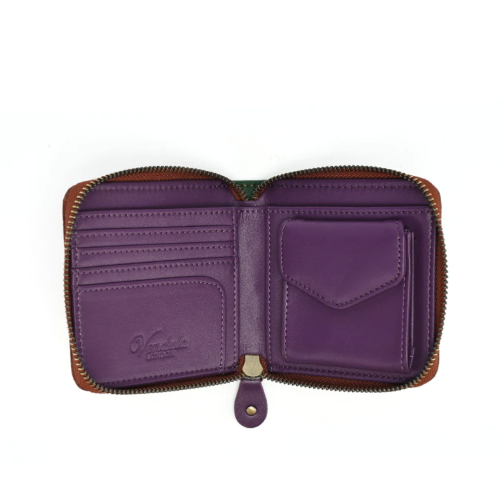 An open purple leather zip-around wallet with multiple card slots, a pocket, and a small embossed logo on the left interior panel, photographed on a white background.