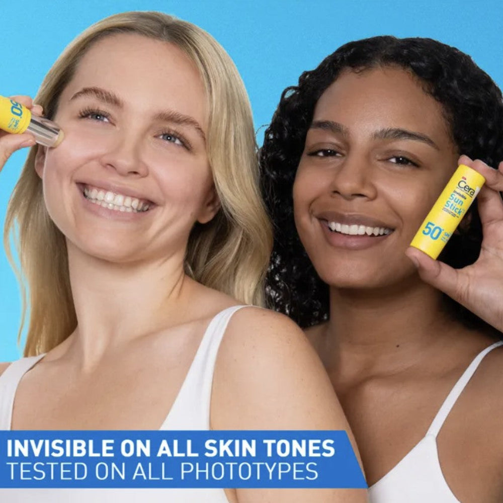 Two women applying sunscreen with a blue background and text about skin tones and phototypes.