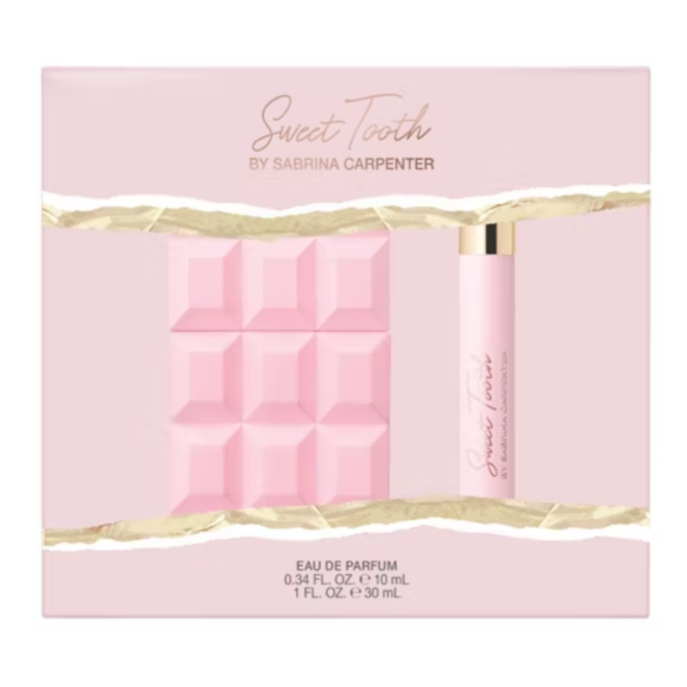 Sweet Tooth Eau de Parfum gift set by Sabrina Carpenter, featuring a pink box with a pink chocolate bar-shaped bar and a matching pink perfume tube with a gold cap, separated by a gold torn-paper effect.