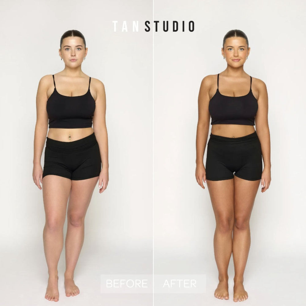 BPerfect Tan Studio Tanning Mousse Dark Tan Model Comparison