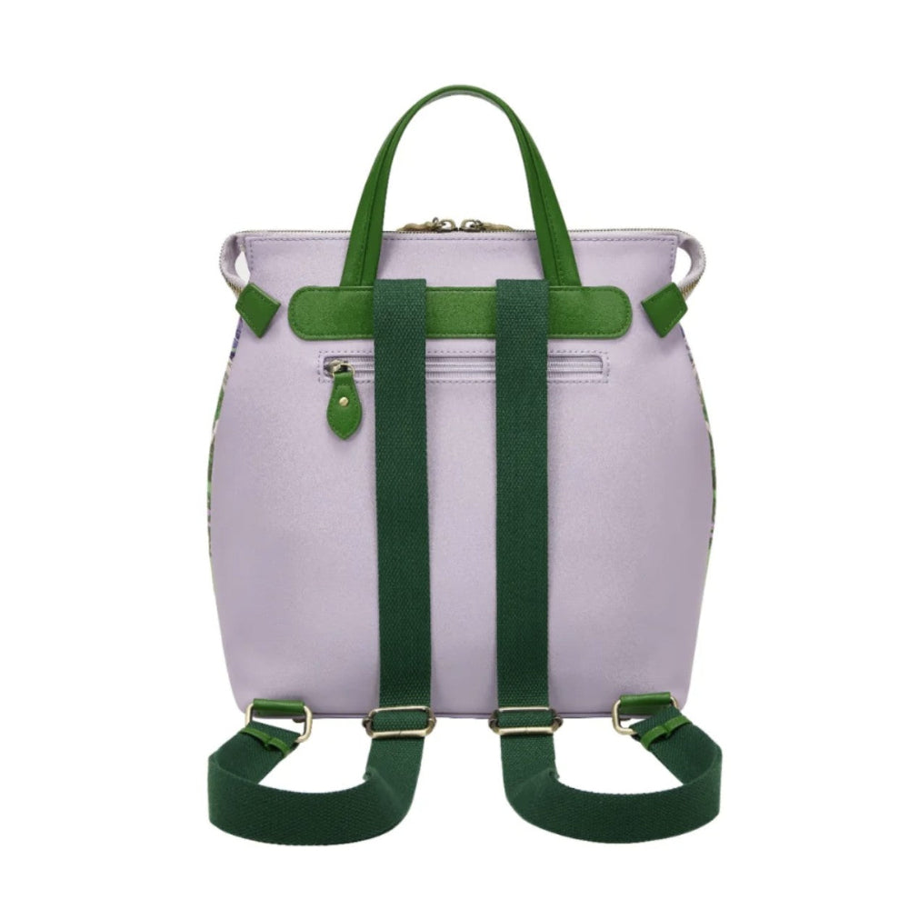 Light purple bag with green straps and accents on a white background