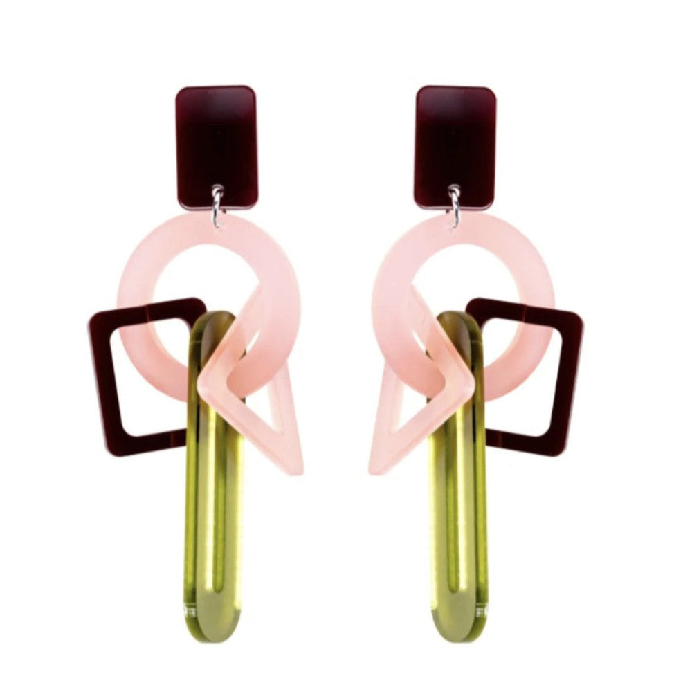 Geometric earrings with pink, brown, and green shapes on a white background