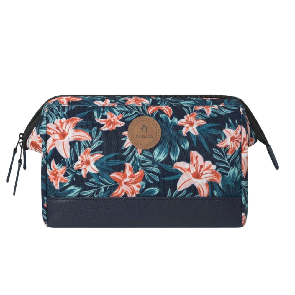 Floral-patterned toiletry bag with a visible brand logo on a white background
