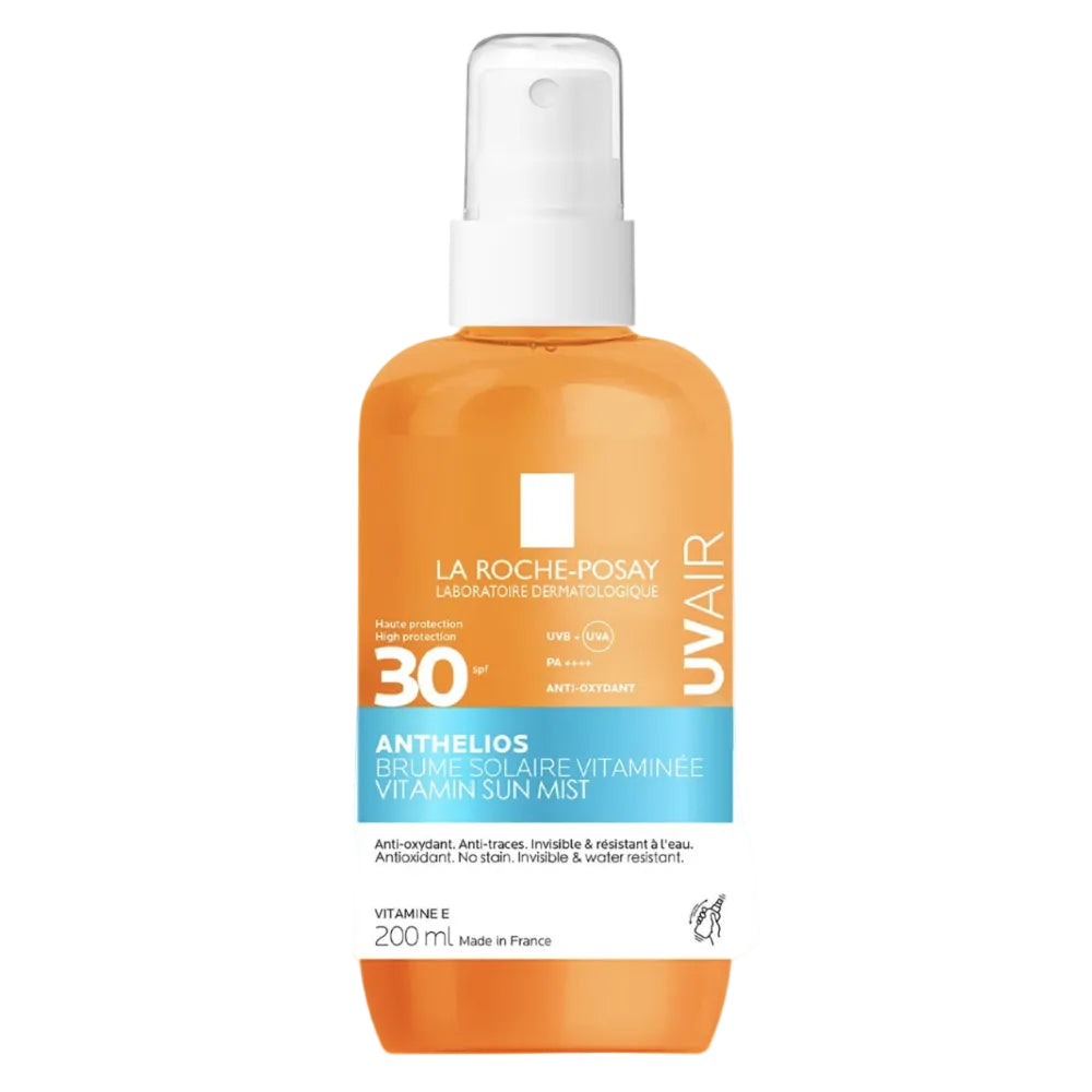 Orange bottle of La Roche-Posay UV Air sunscreen mist on a white background