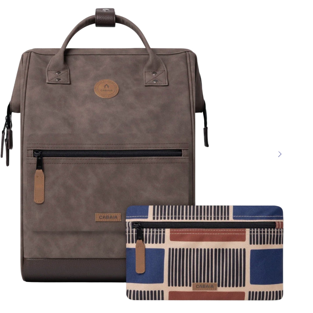 Brown backpack and patterned pouch on a white background