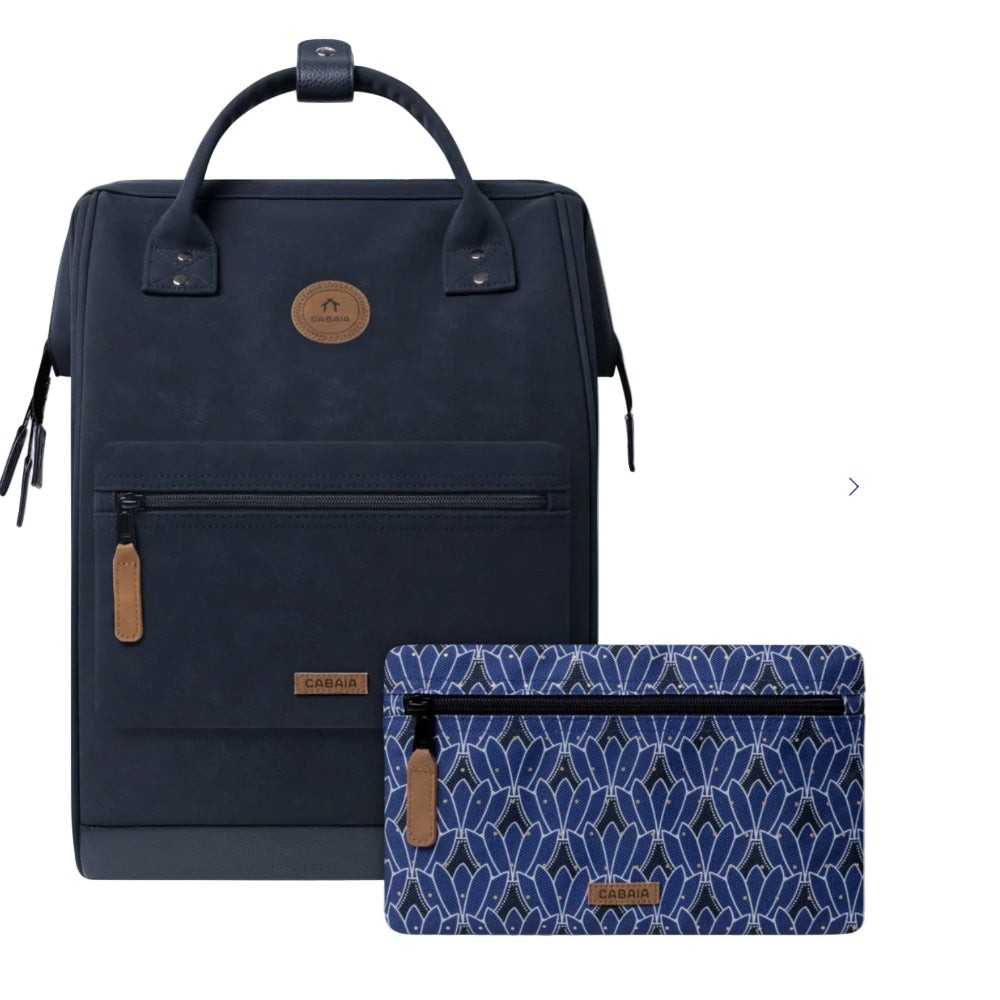 Navy blue backpack and matching pouch with geometric pattern on a white background