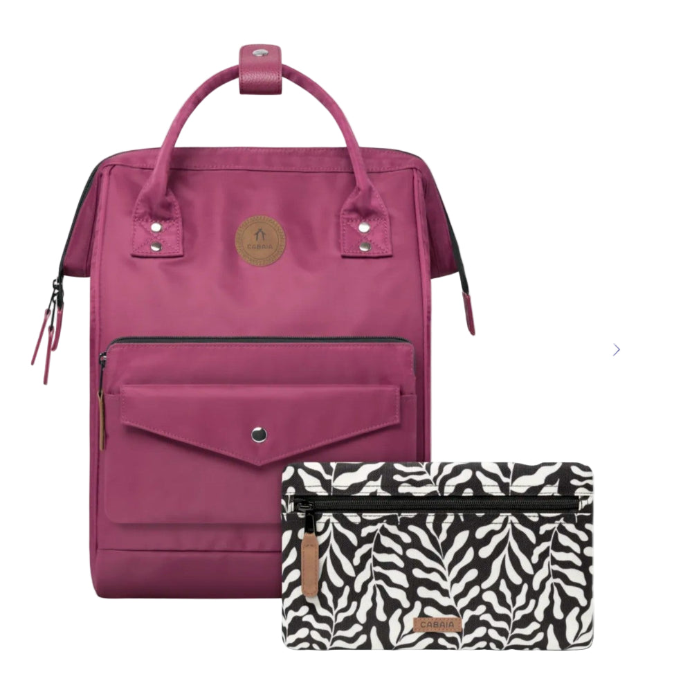 Pink backpack and zebra print pouch on a white background