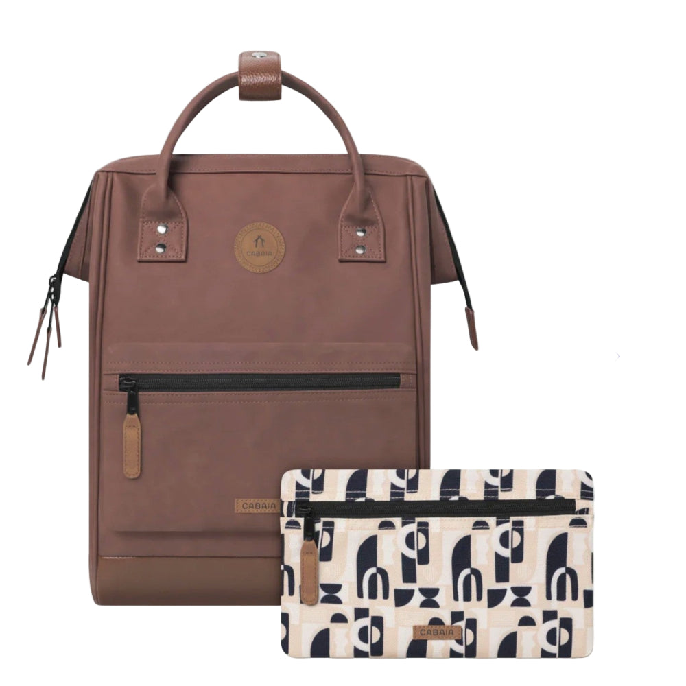 Brown backpack and patterned pouch on a white background