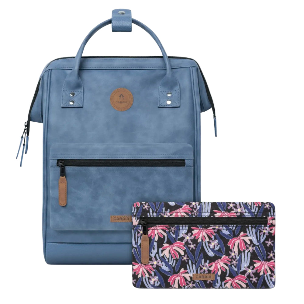 Blue backpack and floral pouch on a white background