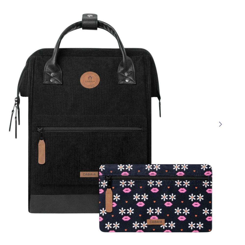 Black backpack and patterned pouch on a white background