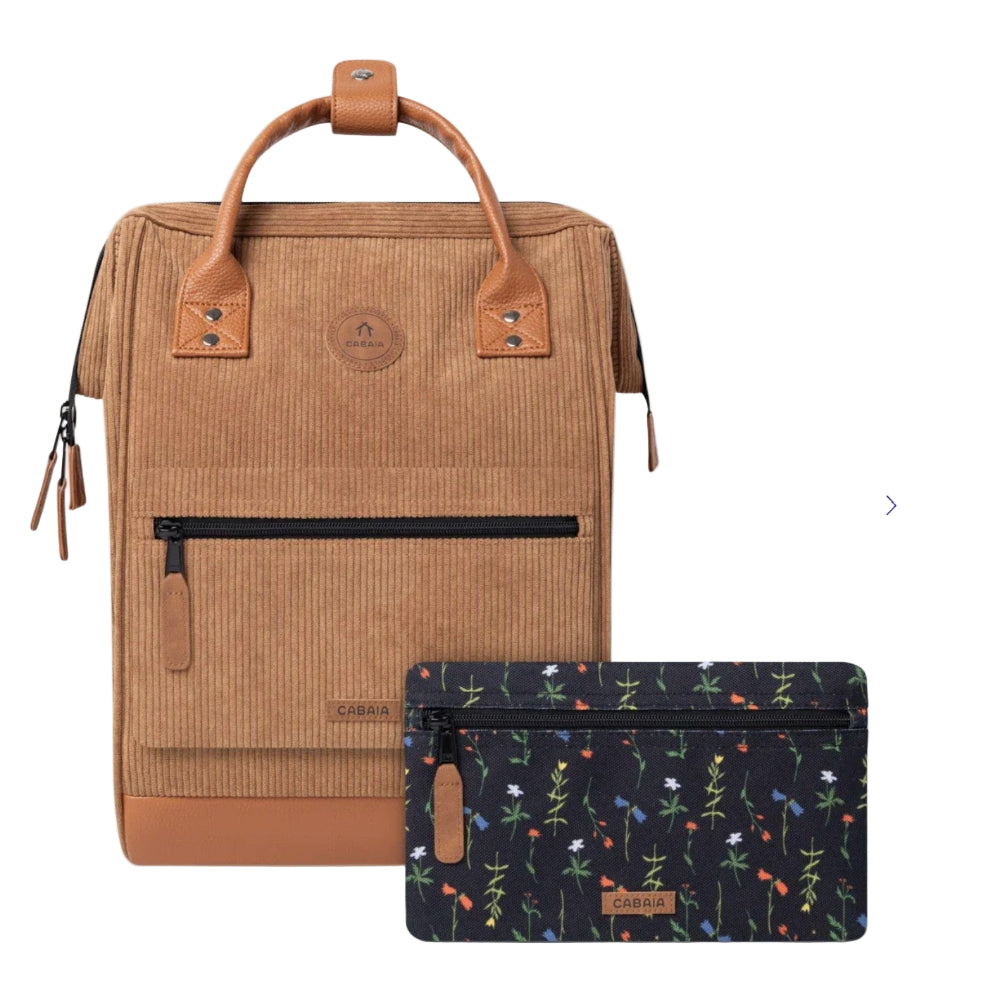 Brown backpack and floral-patterned pouch on a white background