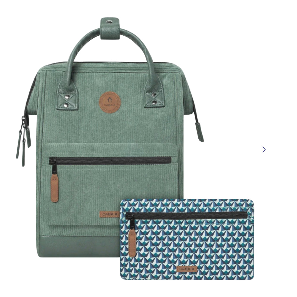 Green backpack and patterned pouch on a white background