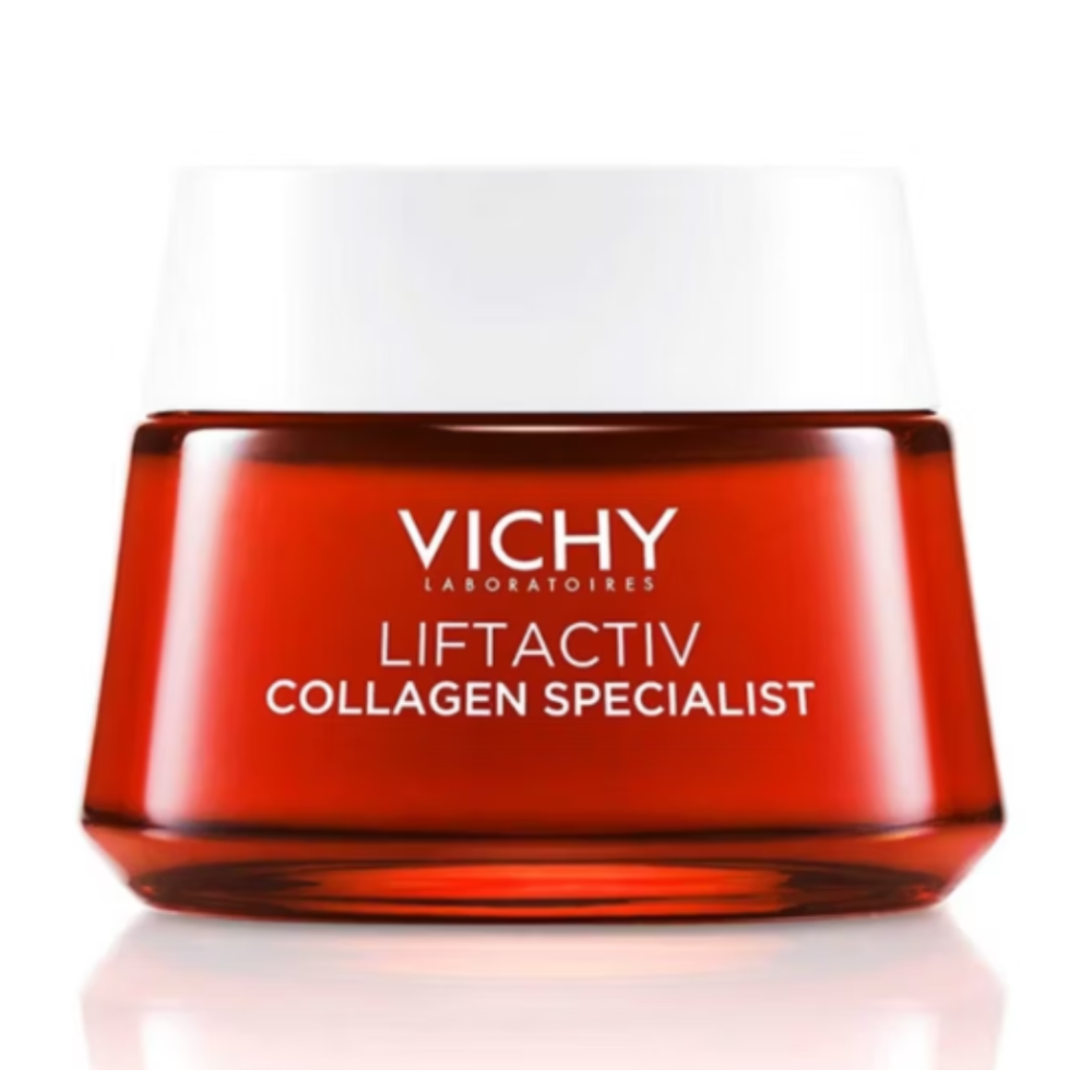Vichy Liftactiv Collagen Specialist cream jar in a translucent red bottle with a white lid.
