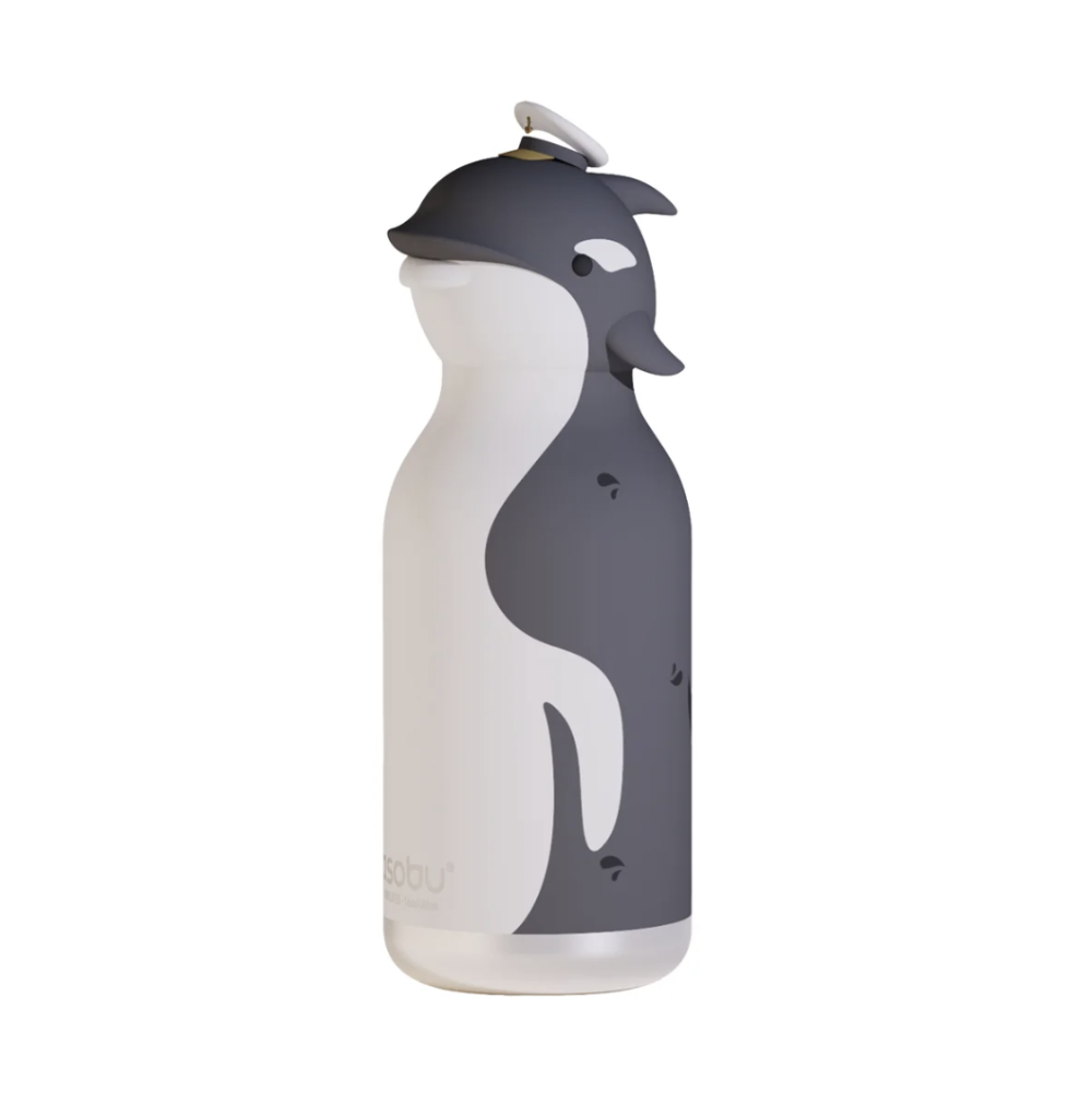 A reusable water bottle with a penguin-shaped lid and a white body featuring a large dark gray whale silhouette, shown on a plain white background.