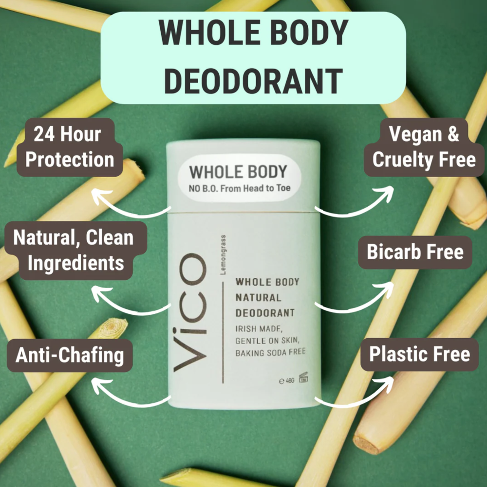 VICO Whole Body deodorant with features highlighted on a green background