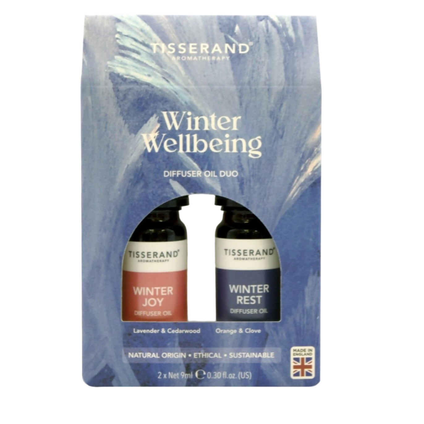 Tisserand Winter Wellbeing diffuser oil duo packaging with blue background