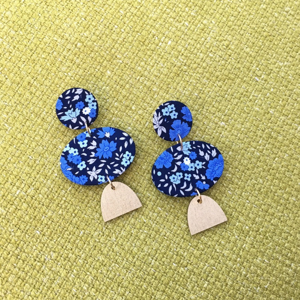 Elipse Dangle Silk Stud Earrings Blue Flowers