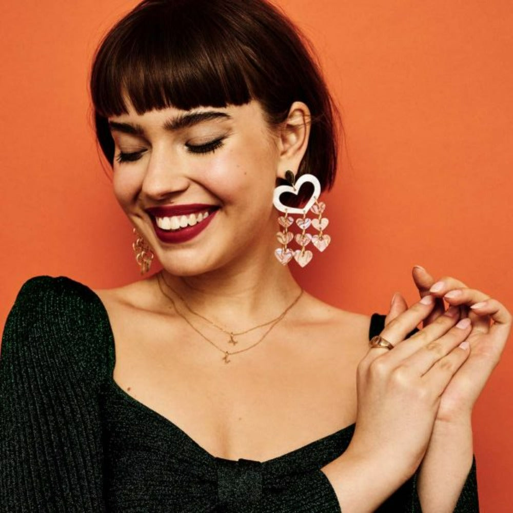 Toolally Heart Chandelier Christmas Earrings White Pearl & Shell.