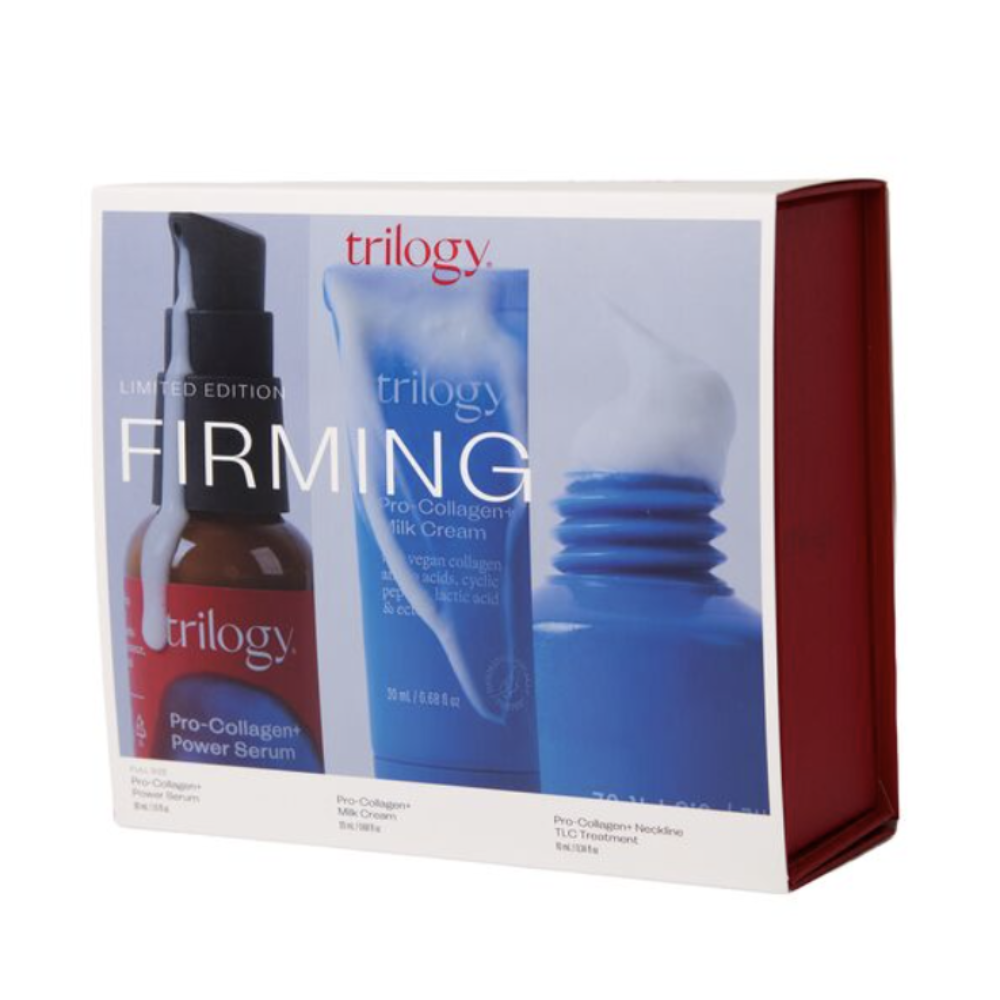 Trilogy Limited Edition Firming set in a white and red box, featuring a pre-colлаген growth serum bottle and a collagen cream tube.
