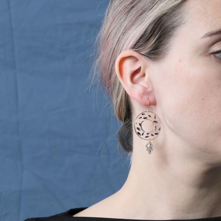 Nordic Flowers unique jewellery on ear of lady with blonde hair