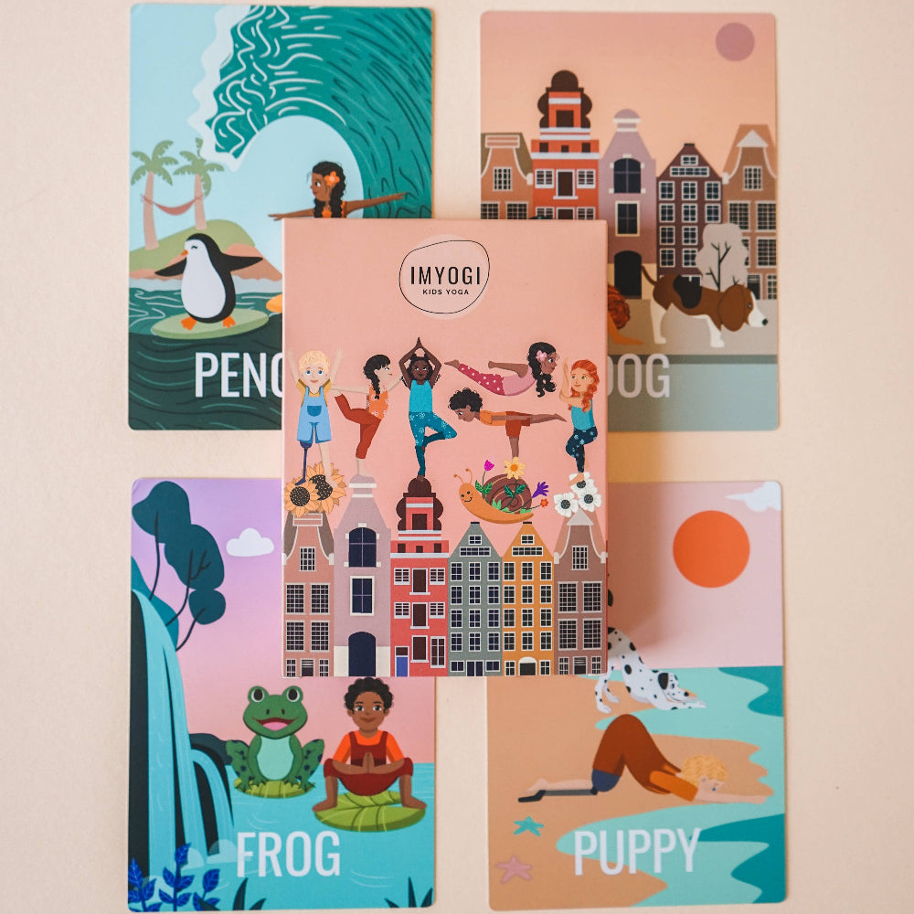 Set of colorful children's posters with illustrations and text on a beige background