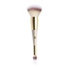 A dual-ended makeup brush with a large fluffy brush on top and a smaller angled brush at the bottom, featuring a cream-colored handle, gold ferrule, and soft white-to-rose bristles, shown on a white background.