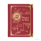 A red faux-leather crossbody bag designed to look like a vintage 'Beauty & the Beast' book, shown on a white background.
