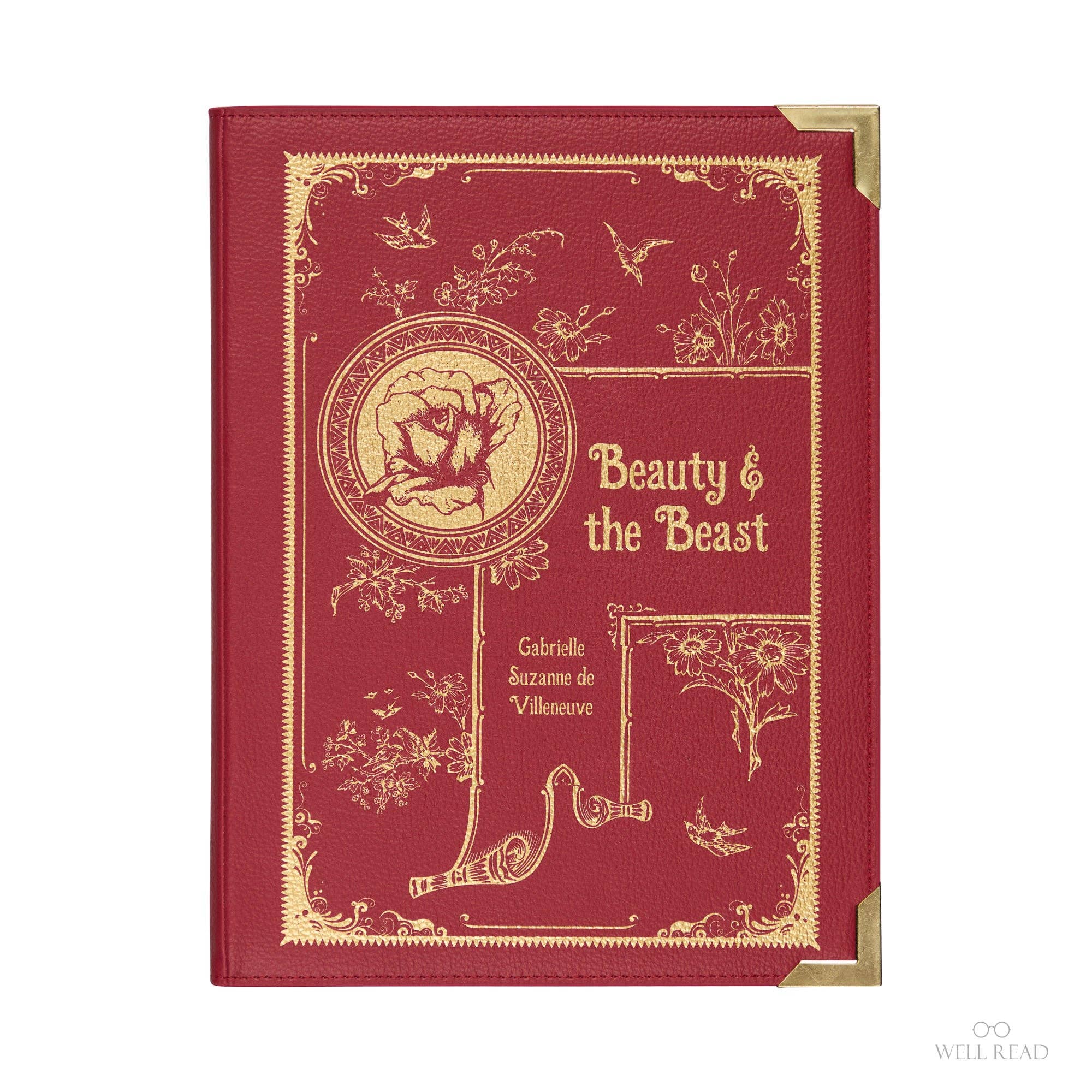 A red faux-leather crossbody bag designed to look like a vintage 'Beauty & the Beast' book, shown on a white background.
