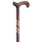 Wooden walking cane with a decorative handle on a white background