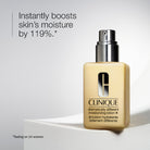 Clinique moisturizing lotion bottle with text on a light gray background