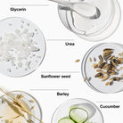 Illustration of ingredients including glycerin, urea, sunflower seeds, barley, and cucumber with corresponding images.