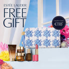 Estée Lauder beauty products with a free gift offer on a decorative background.