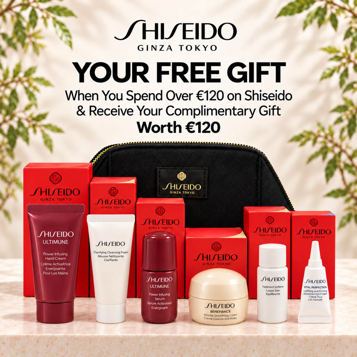 Shiseido Ginza Tokyo free gift set featuring a selection of skincare products and their red packaging boxes arranged behind a black zippered pouch on a marble surface, with promotional text in the background.