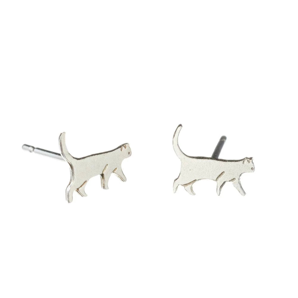 Amanda Coleman Handmade Tiny Walking Cat Stud Earrings silver