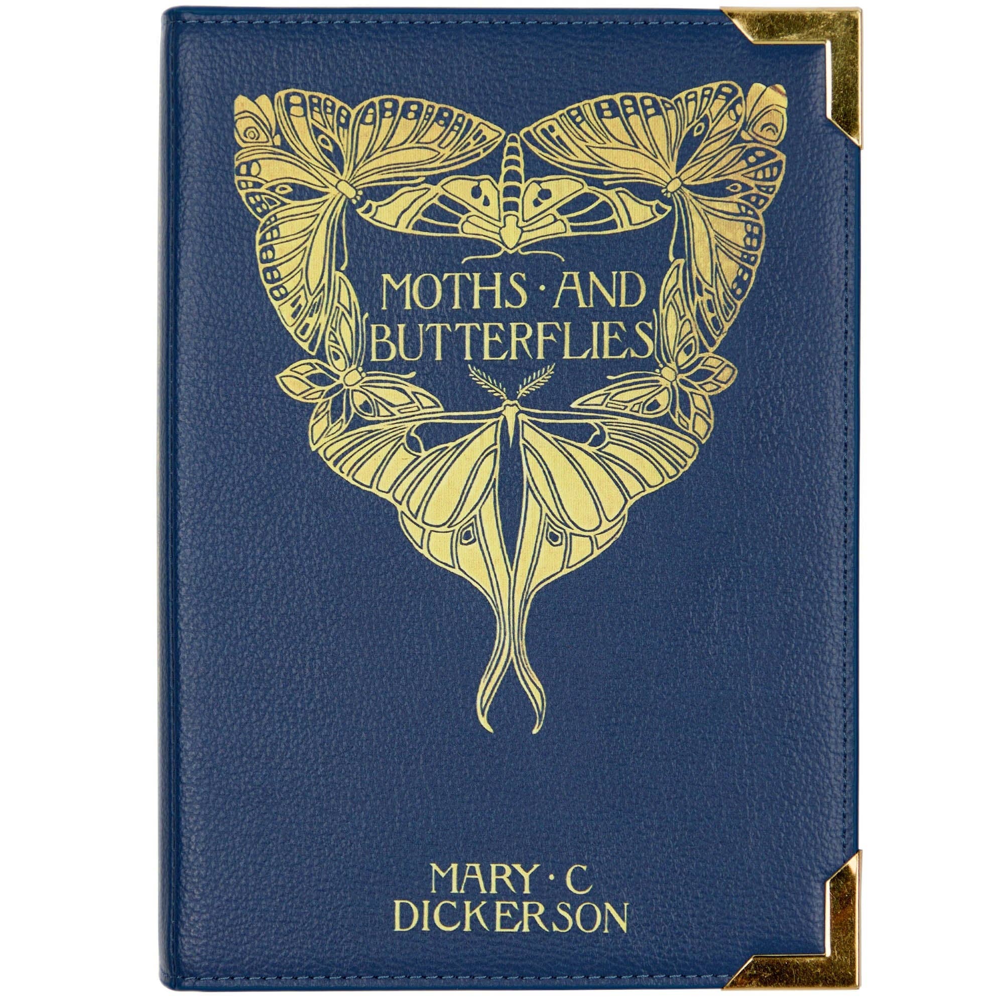 Blue book-shaped handbag with butterfly design and 'Moths and Butterflies' text on a white background