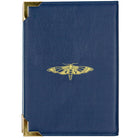 Blue book-shaped handbag with butterfly design and 'Moths and Butterflies' text on a white background