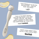 Facial roller with text highlighting its benefits on a light blue background