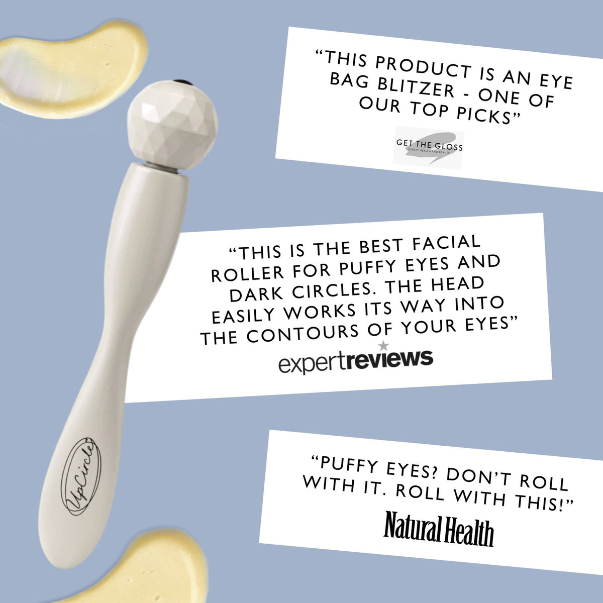 Facial roller with text highlighting its benefits on a light blue background