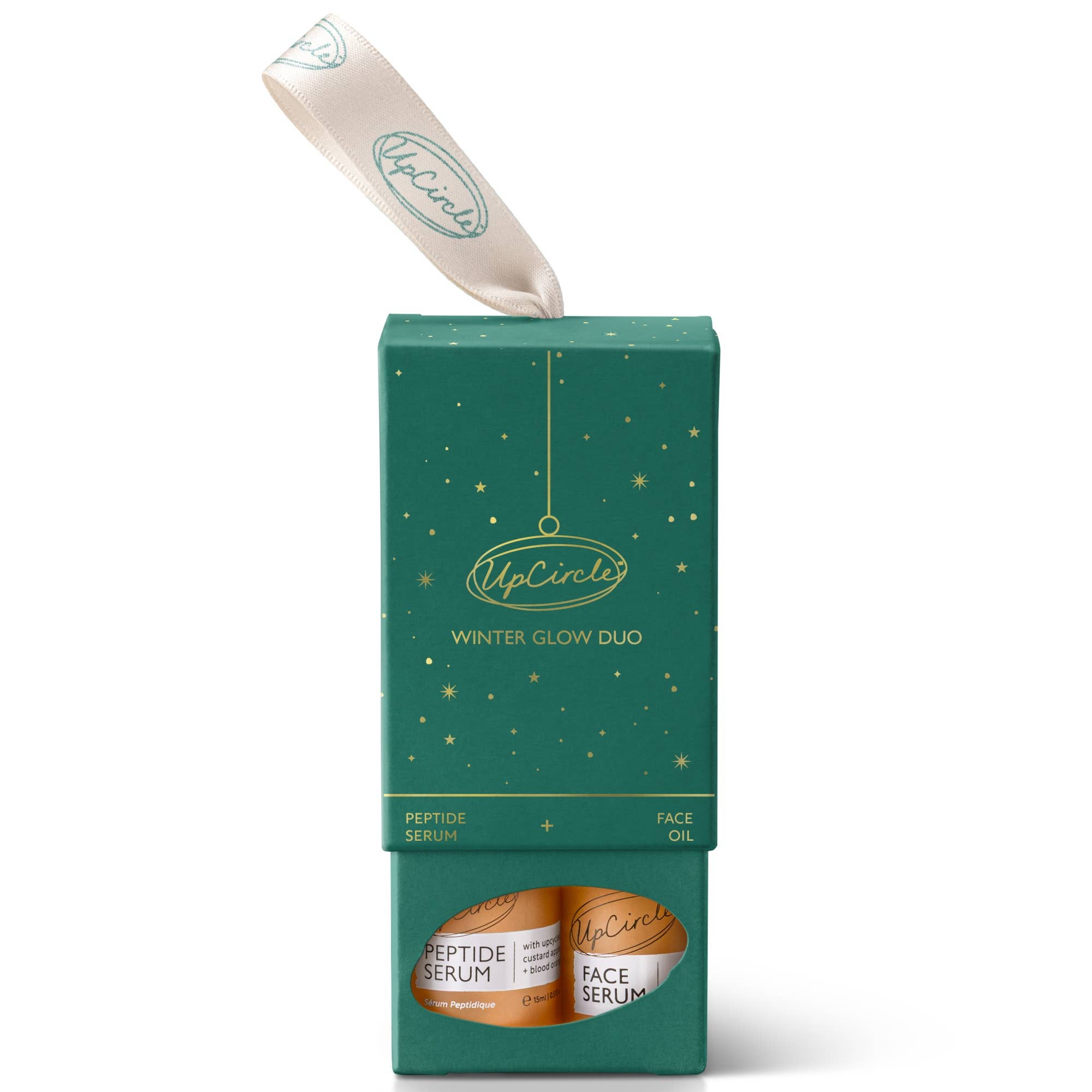 Green box packaging for a 'Winter Glow Duo' with 'UpCircle' branding on a white background.