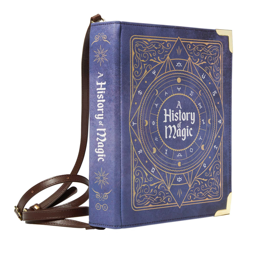 Blue book-shaped bag with 'A History of Magic' text and design on a white background
