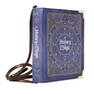 Blue book-shaped bag with 'A History of Magic' text and design on a white background