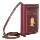 Sherlock Holmes book-shaped purse with brown strap on a white background