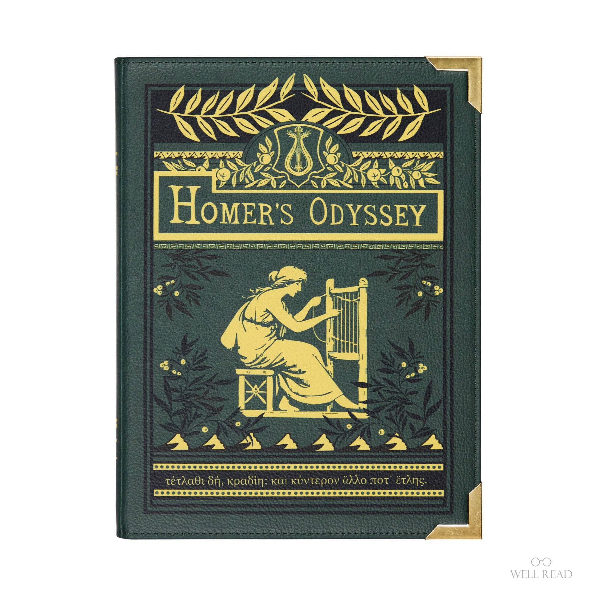 Book-shaped bag with 'Homer's Odyssey' design on a white background