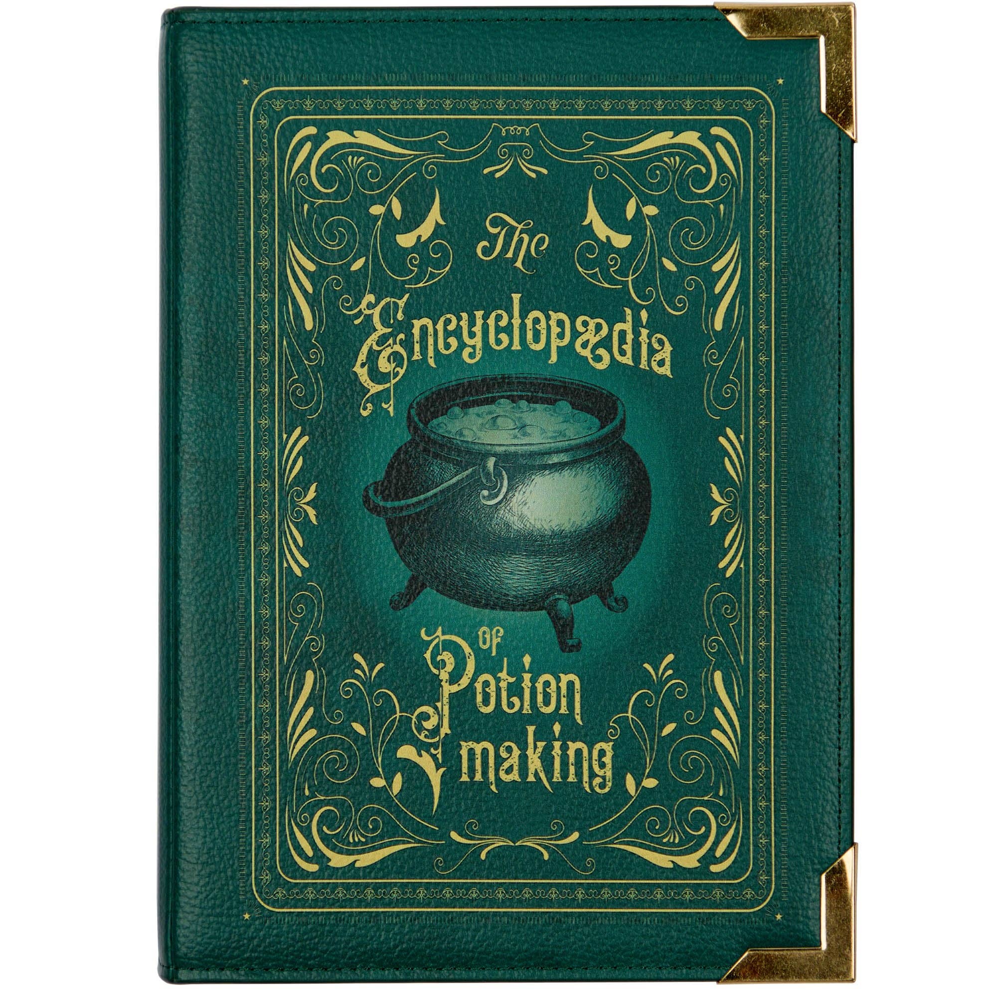 Green book-shaped bag with 'Encyclopedia of Potion Making' design on a white background