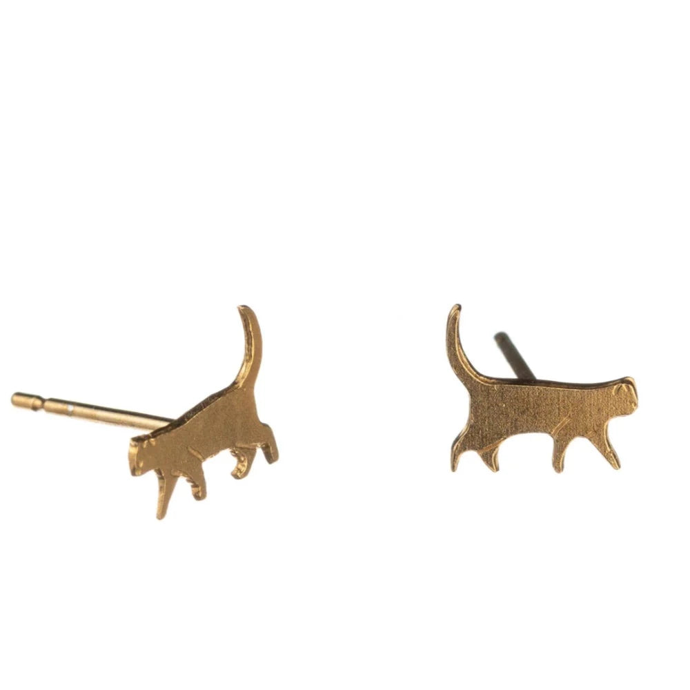 Amanda Coleman Handmade Tiny Walking Cat Stud Earrings gold
